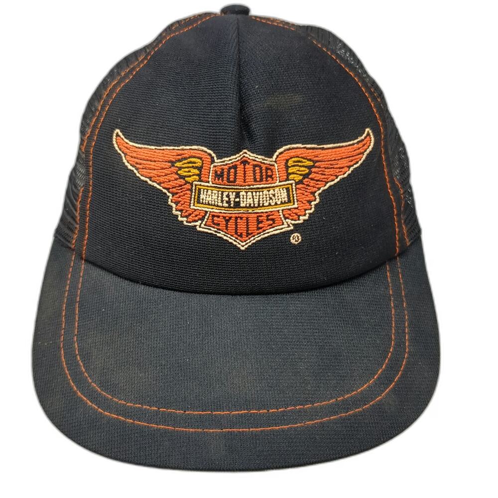 Harley-Davidson Trucker Hat Black Mesh Back Snapback Made in USA Orange Vintage